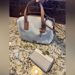 Fossil Gray and Cream Satchel with matching Wristlet Wallet